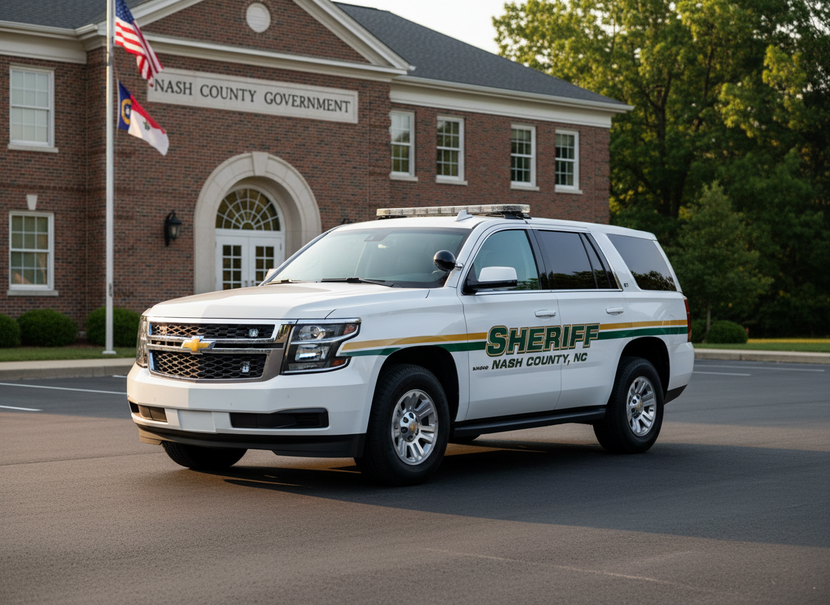 A well-maintained white sheriff’s SUV parked in front of a brick county government building labeled “Nash County” in tasteful, legible signage. The vehicle’s graphics clearly read “Sheriff” and “Nash County, NC,” with reflective gold and dark green striping along the sides, and a light bar on top. The late afternoon golden hour sun casts warm light across the scene, creating clean, elongated shadows on the smooth asphalt and soft highlights on the polished paint. Trees with full green foliage frame the background, while the building’s entrance and flagpole are slightly out of focus. Captured in photographic realism from a three-quarter front angle, conveying readiness, visibility, and professional community service.